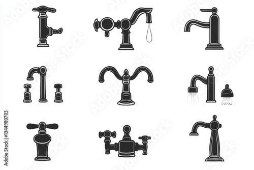 Nine black and white faucet illustrations on white background