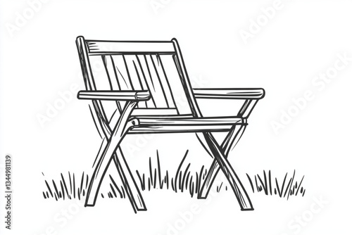 A sketch of a folding chair on grass against white