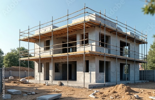 Modern house construction with scaffolding. Concrete unfinished building, empty windows. Blue sky. House construction site with building material. Real estate investment. Housing project. Develop,