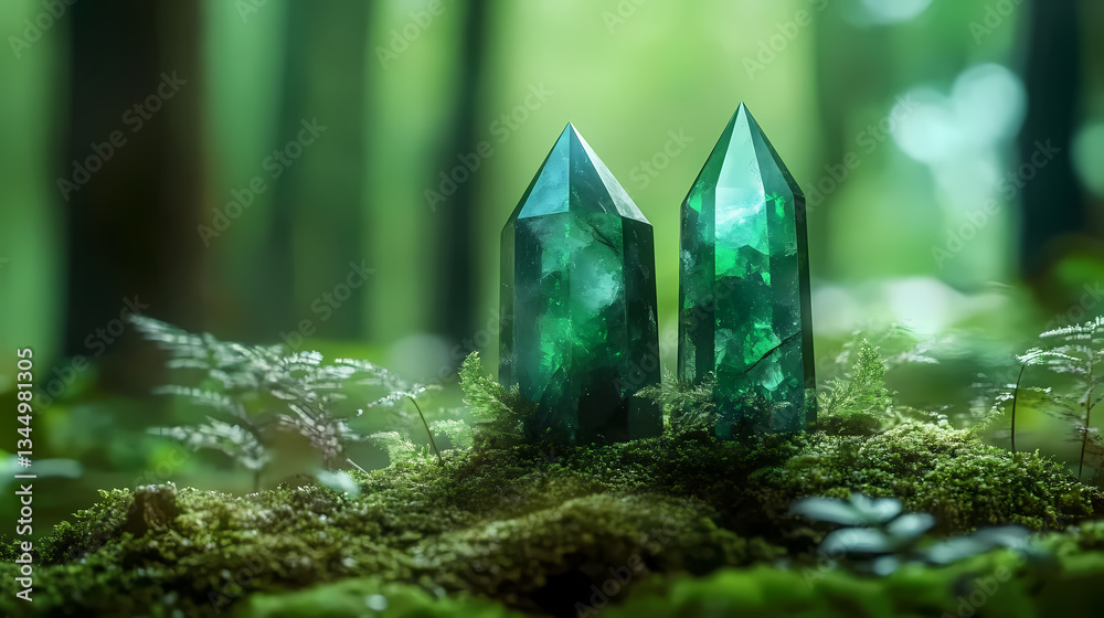 Green Crystals on Moss with Sunlight Filtering Through Leaves