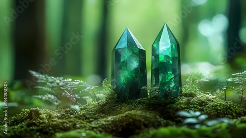 Green Crystals on Moss with Sunlight Filtering Through Leaves