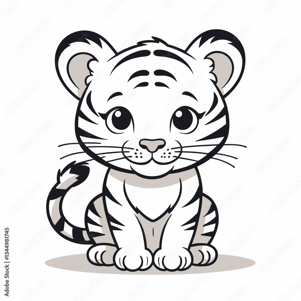 Fototapeta premium Cute cartoon tiger cub sitting sweetly against white background