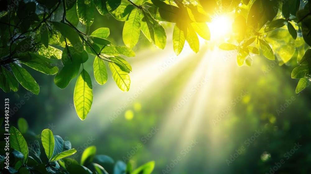 Obraz premium Sunlight Filtering Through Green Leaves in a Tranquil Forest Setting with Soft Light Enhancing Nature's Beauty