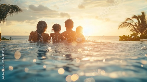 Happy Family Relaxing in Pool During a Sunset Vacation