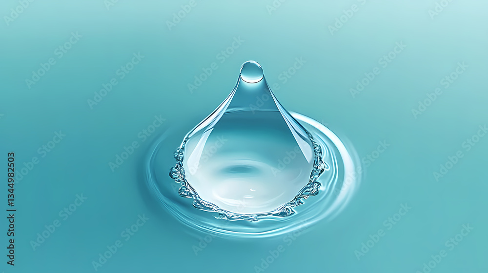 Transparent Water Droplet with Ripples on Soft Blue Background