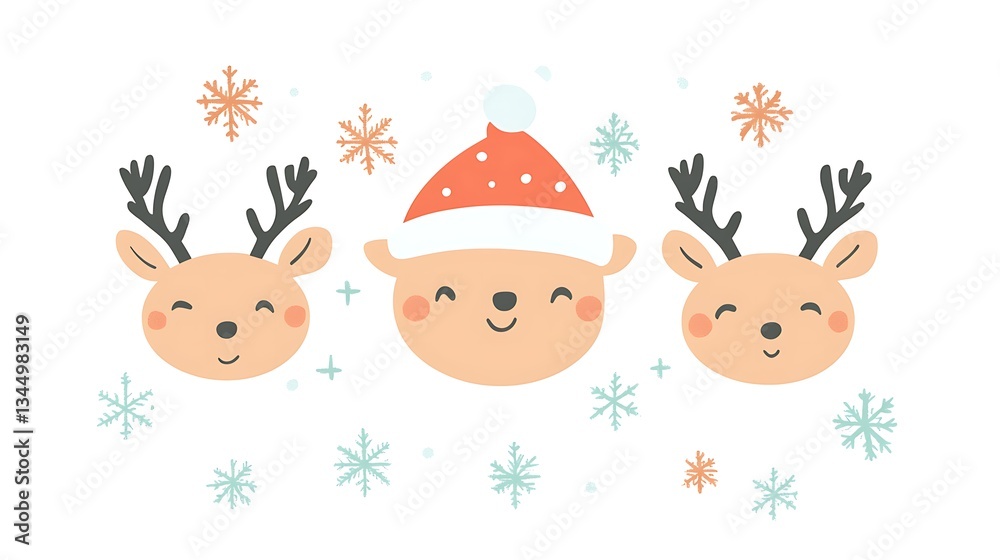 Three cartoon reindeer with festive hats and snowflakes in illustration Three cartoon reindeer with festive hats and snowflakes in illustration