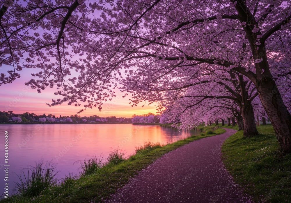 Serene Winding Path Through Blooming Cherry Blossoms Under a Soft Pink and Purple Sky Serene Winding Path Through Blooming Cherry Blossoms Under a Soft Pink and Purple Sky