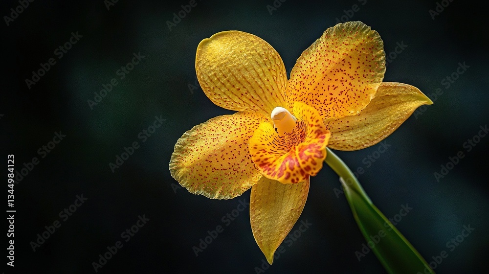 Fototapeta premium A yellow flower with spots on its petals and a green stem against a black background