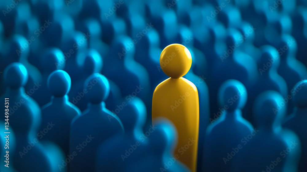 Yellow Human Figure Standing in the Blue Human-Shaped Ocean