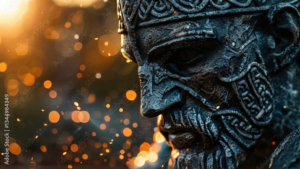 Stone warrior statue sunset sparks background, history, mythology, art