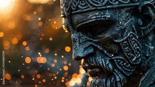 Obraz na płótnie Stone warrior statue sunset sparks background, history, mythology, art w salonie