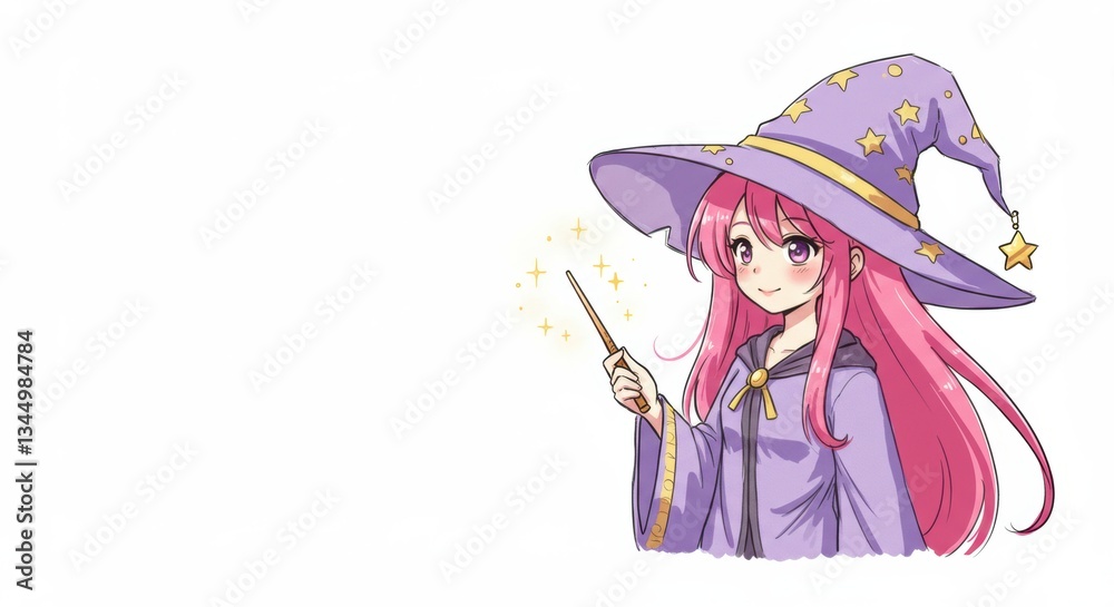 Charming anime witch with pink hair casting magic spell in purple hat