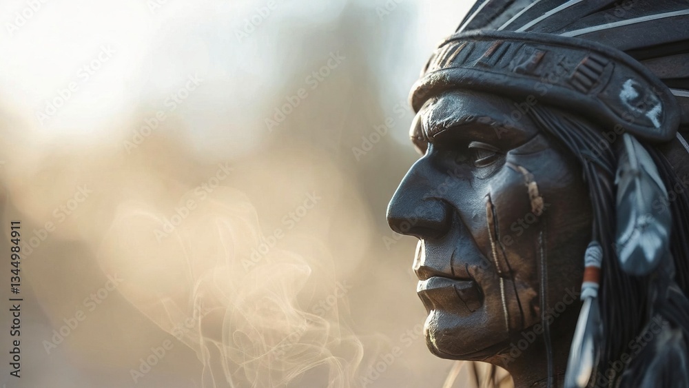 Native American statue, sunset, smoke, peaceful background, history lesson