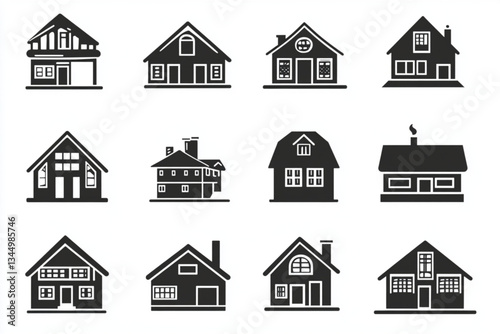Twelve black and white house silhouettes on white grid