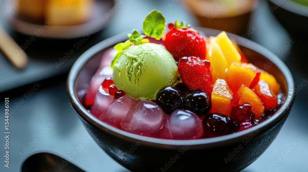 Refreshing fruit dessert with matcha ice cream, served in a dark bowl Refreshing fruit dessert with matcha ice cream, served in a dark bowl