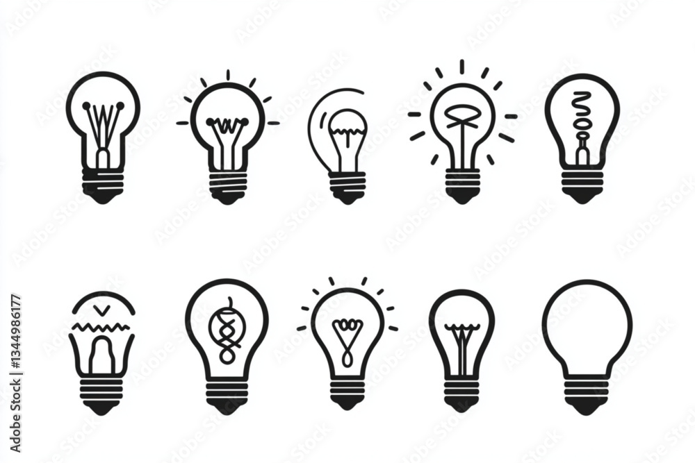Ten light bulb illustrations in black and white design Ten light bulb illustrations in black and white design