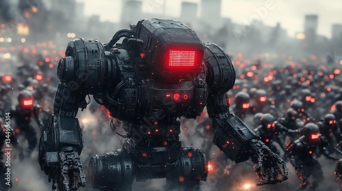 Robotic Army Advancing Through Urban Battlefield