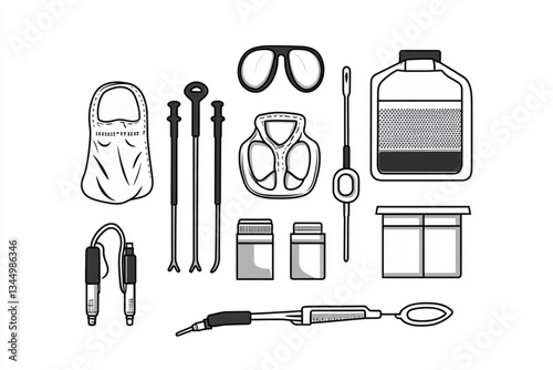 Illustration of various medical instruments in black and white