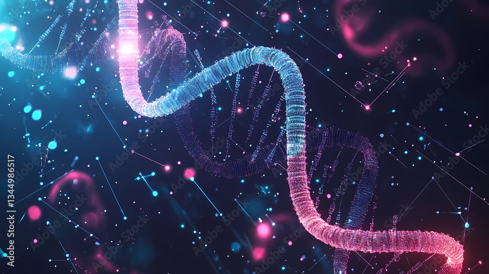 DNA Molecule Structure in Blue and Pink with Particle Effects