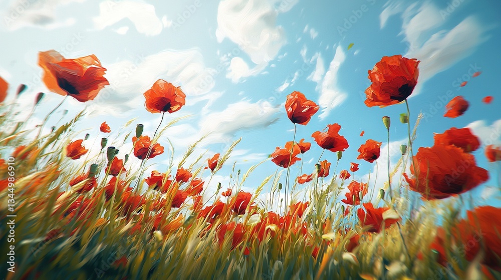 Fototapeta premium Red poppies field under blue sky with wispy clouds