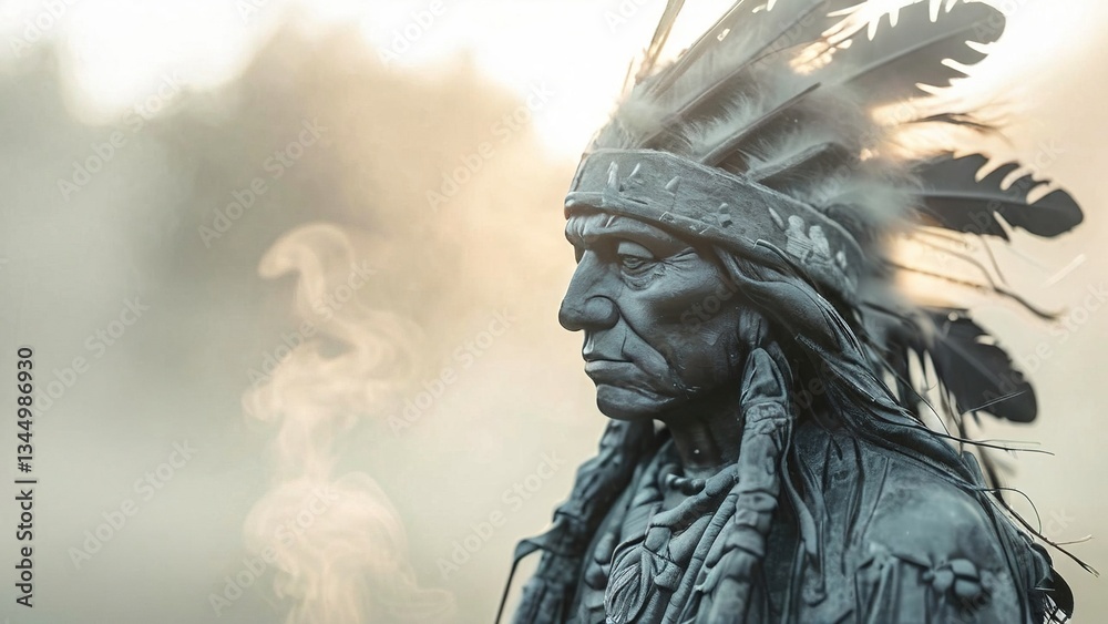 Fototapeta premium Native American statue, sunrise, misty forest, spiritual contemplation, history lesson