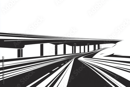 A monochrome highway with an overpass in the distance