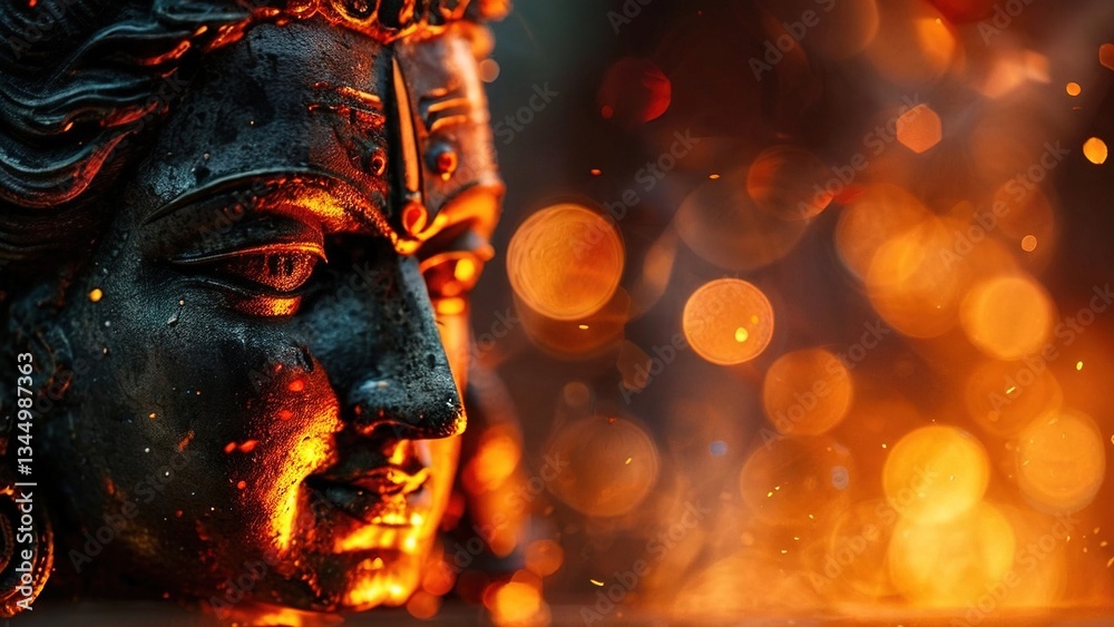 Serene Shiva statue, fire background, spiritual India, meditation concept