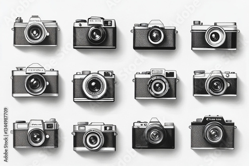 A collection of vintage cameras arranged in a grid form