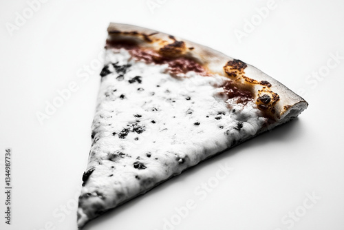 A slice of pizza with white sauce and black toppings on it