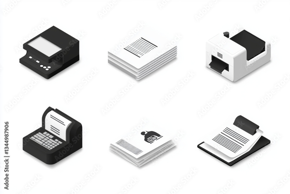 Isometric office equipment on a white background layout Isometric office equipment on a white background layout