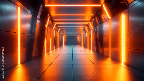 Obraz na płótnie Sci-Fi Corridor with Orange Lights and Metal Walls w salonie