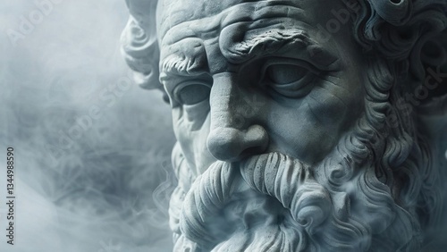 Ancient Greek bust, weathered stone, misty background, wisdom, history, conceptual art