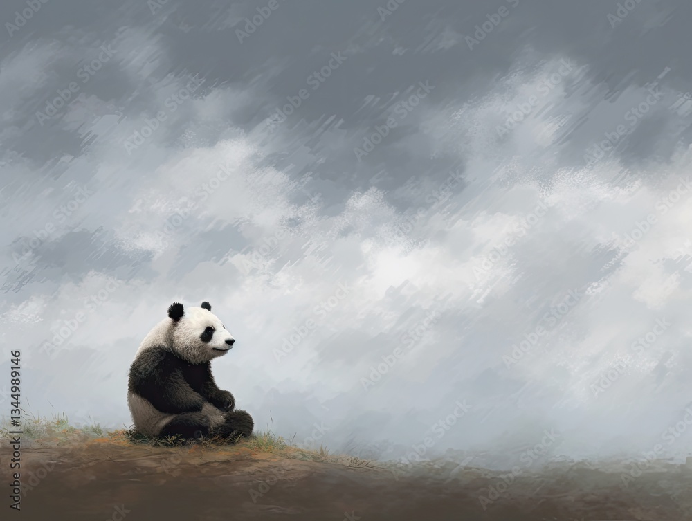 Panda sits alone on hilltop under overcast sky Panda sits alone on hilltop under overcast sky