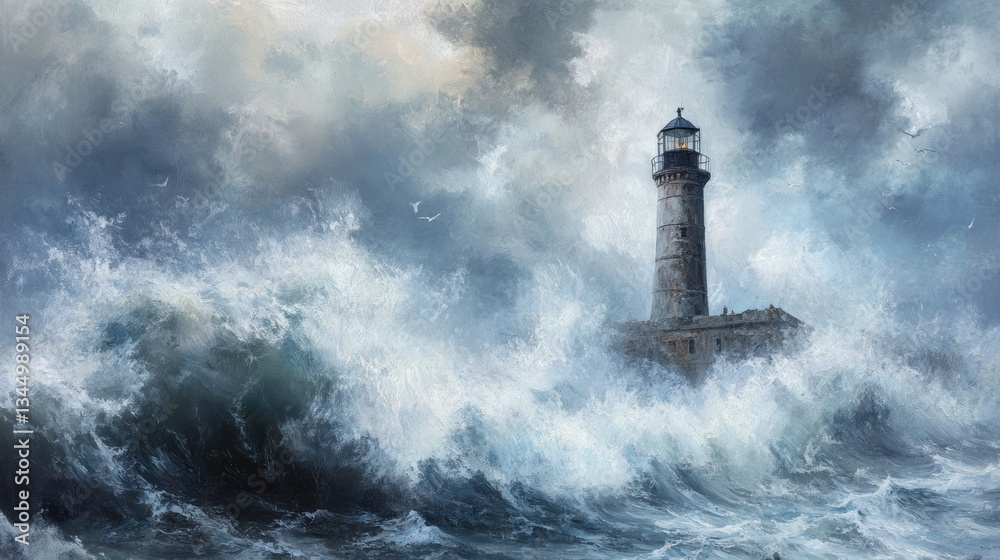 A weathered lighthouse stands defiant amidst crashing ocean waves and storm clouds A weathered lighthouse stands defiant amidst crashing ocean waves and storm clouds