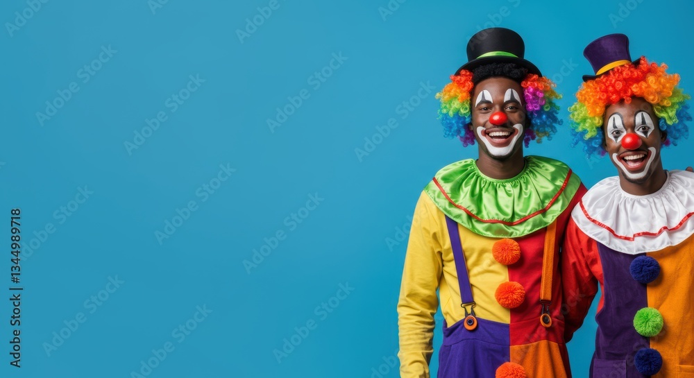 Colorful clowns smiling against blue background in vibrant costumes and makeup Colorful clowns smiling against blue background in vibrant costumes and makeup