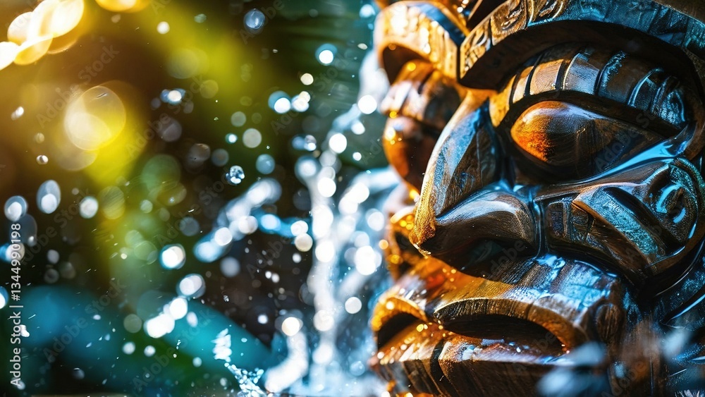 Water splashing on carved tiki mask, tropical garden background. Use travel, tourism website