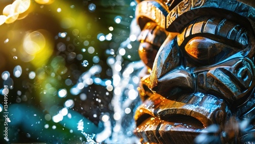 Obraz na płótnie Water splashing on carved tiki mask, tropical garden background. Use travel, tourism website w salonie