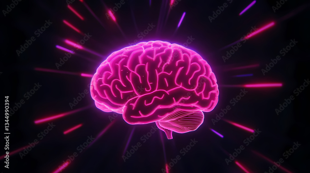 Glowing Pink Brain with Radiating Purple and Pink Light