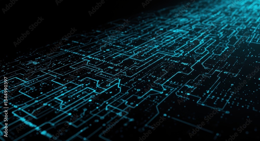 Obraz premium Futuristic circuit board with glowing blue connections in a dark context
