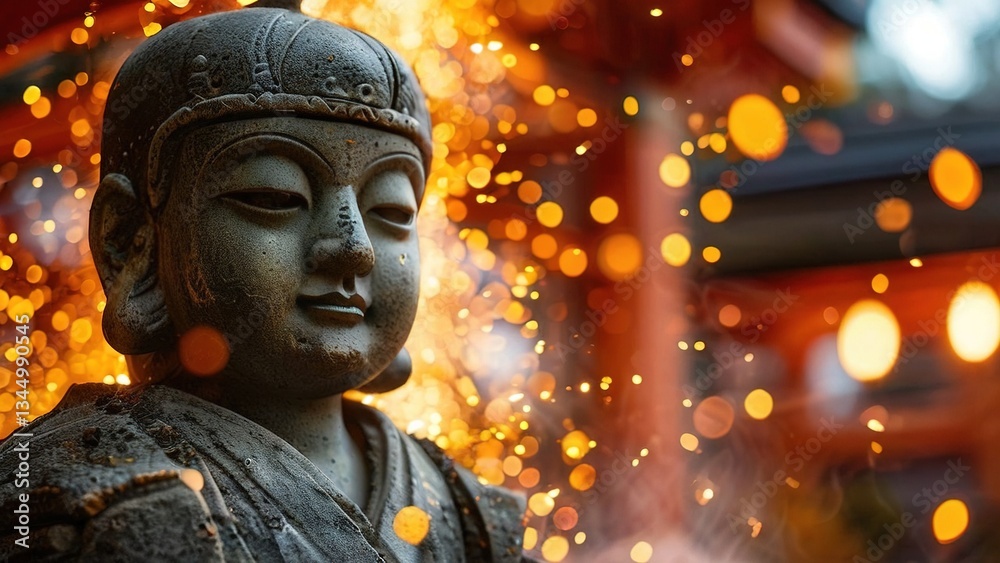 Serene Buddha statue, temple sparks, Japan. Spiritual peace, meditation, zen garden
