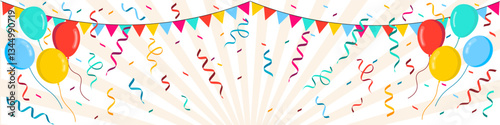 Congratulations on the holiday. Balloons, serpentine, hanging garlands. Birthday, carnival, festival, wedding.
Vector illustration.