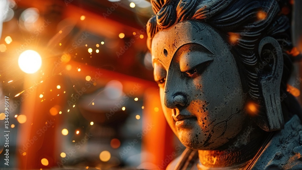 Serene Buddha statue at sunset temple, sparks fly. Spiritual peace, meditation