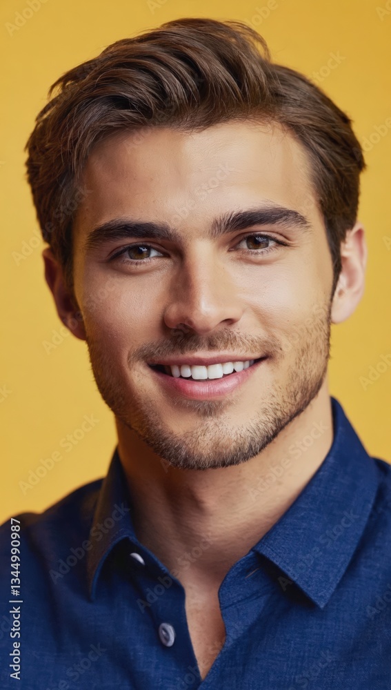 Fototapeta premium smiling young man in blue shirt with a yellow background