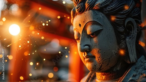 Serene Buddha statue at sunset temple, sparks fly.  Spiritual peace, meditation
