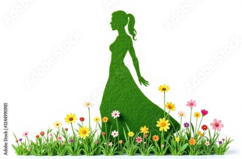 Woman silhouette made of grass walking in a colorful flower field