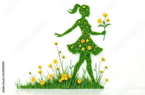 Woman silhouette made of green leaves and yellow flowers walking in a meadow
