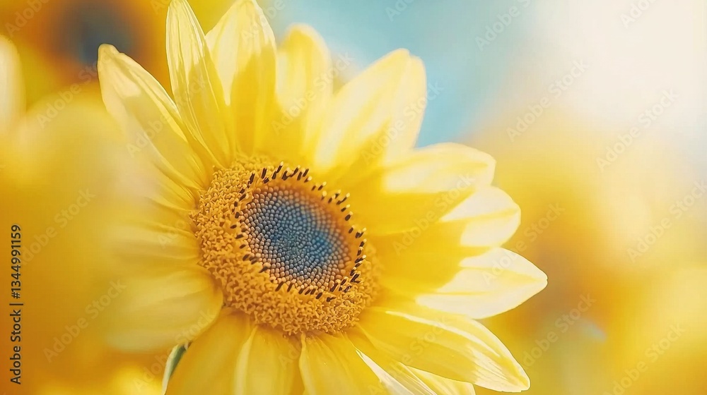 Naklejka premium A sunflower with a blue center surrounded by yellow sunflowers and a blue sky