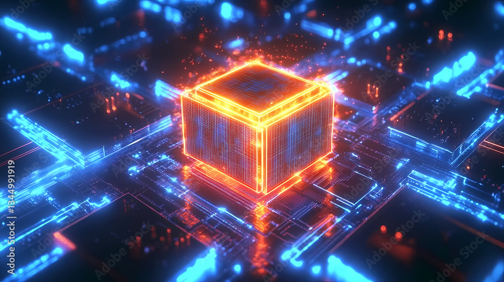 Sci-Fi Circuit Board with Glowing Orange Cube and Complex Network