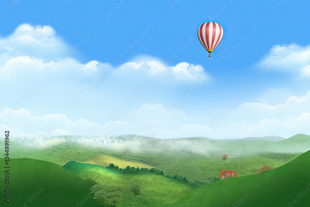 Naklejka premium Hot air balloon over rolling hills on a sunny day