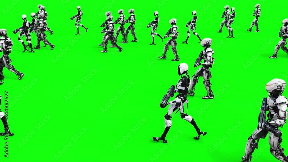 a crowd of walking robots with weapons. green screen. Apocalyptic concept a crowd of walking robots with weapons. green screen. Apocalyptic concept